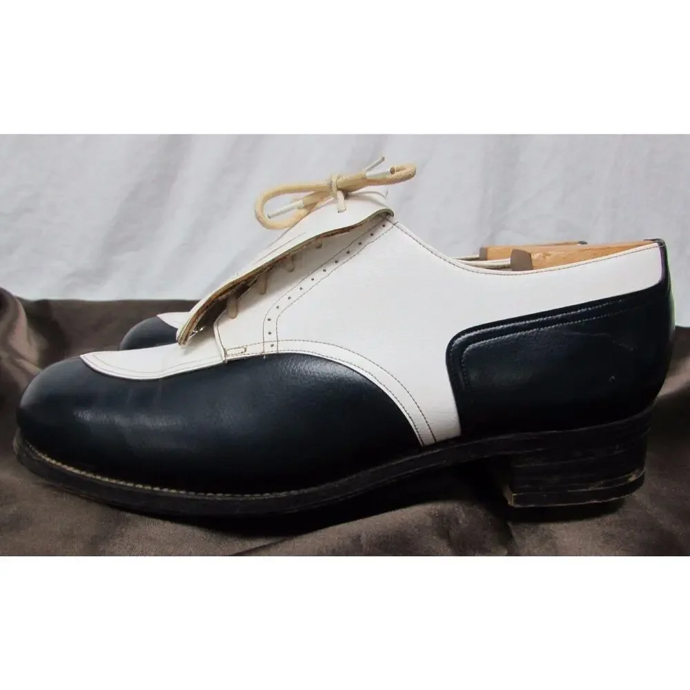 VINTAGE DUPONT CORFAM BLACK WHITE WINGTIP GOLF SHOES WITH CLEATS 6